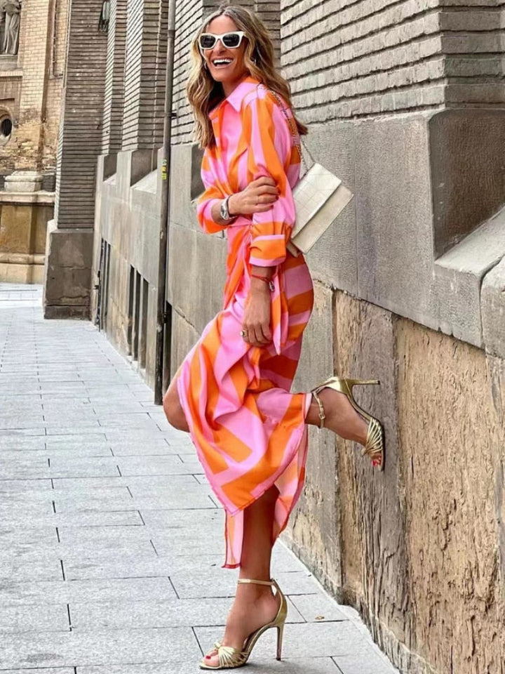 Lotos™ | Abito Camicia Midi a Righe